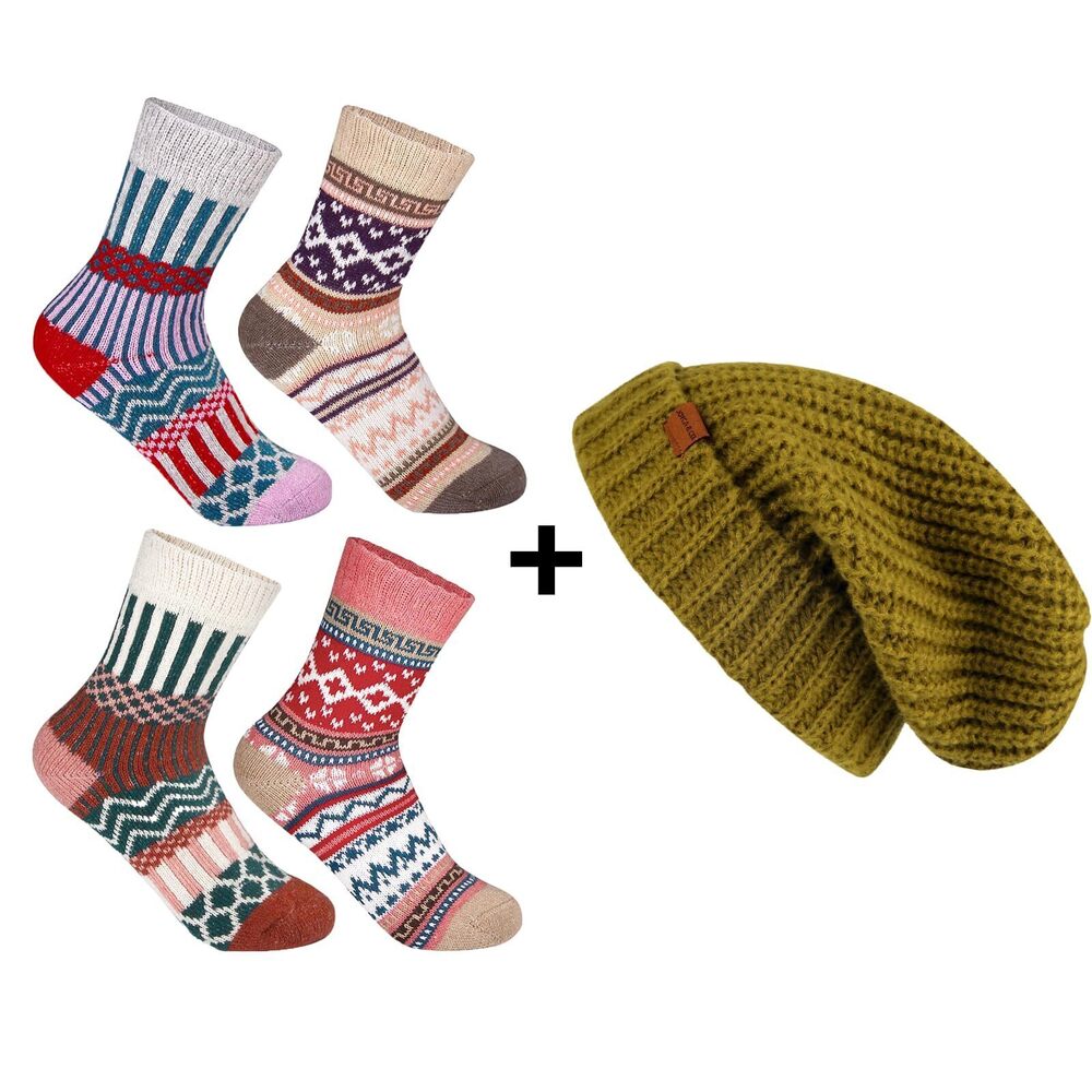 5868 Winter Warm Wool Socks and Slouchy Fall Beanie Hat Bundle Mix1 &
